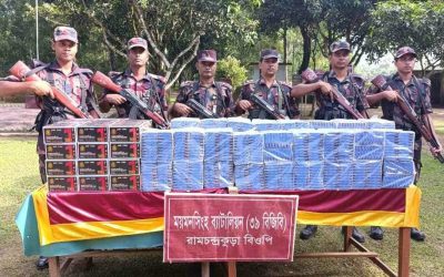 ঝিনাইগাতী উপজেলার সীমান্তবর্তীসহ বিভিন্ন স্থানে বিজিবির অভিযানে অর্ধকোটি টাকার ভারতীয় মালামাল জব্দ