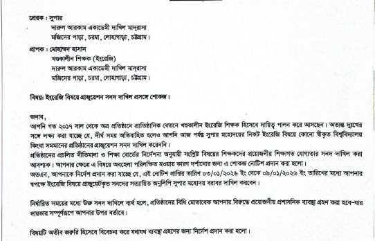 সনদপত্র নিয়ে প্রশ্ন: দারুল আরকাম একাডেমি দাখিল মাদ্রাসার এক খণ্ডকালীন শিক্ষককে শোকজ